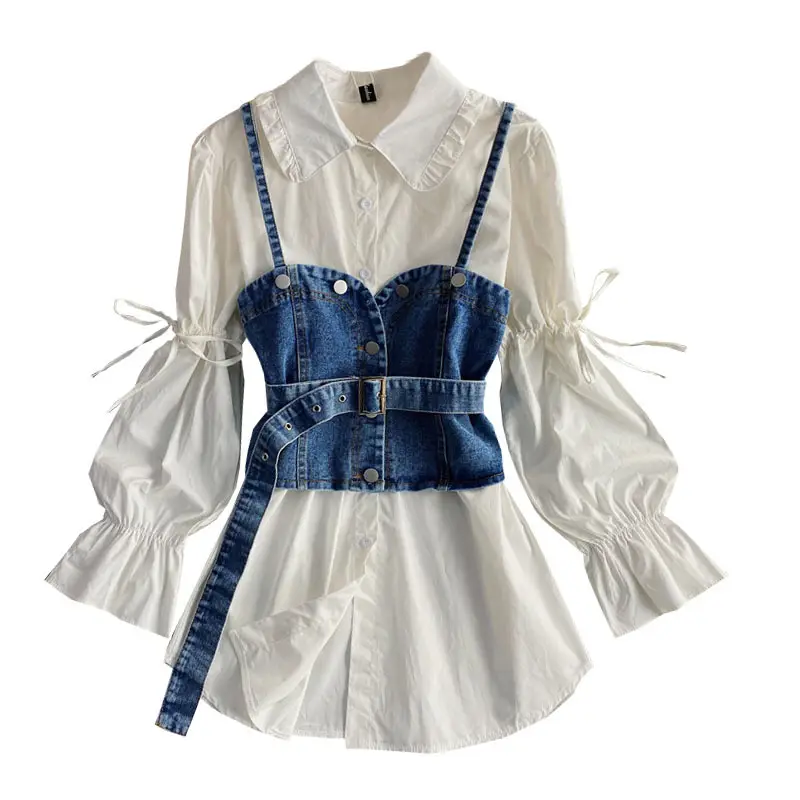 Vestido vaquero de manga larga para mujer, ropa blanca de Color sólido, venta al por mayor, novedad de primavera