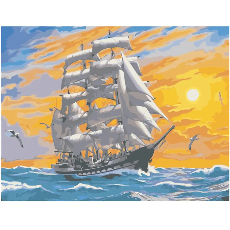 ภาพวาดสีน้ำมันแบบทำมือตามตัวเลขภาพสีอะคริลิคศิลปะการแล่นเรือใบวิวทะเลศิลปะตกแต่งบ้าน
