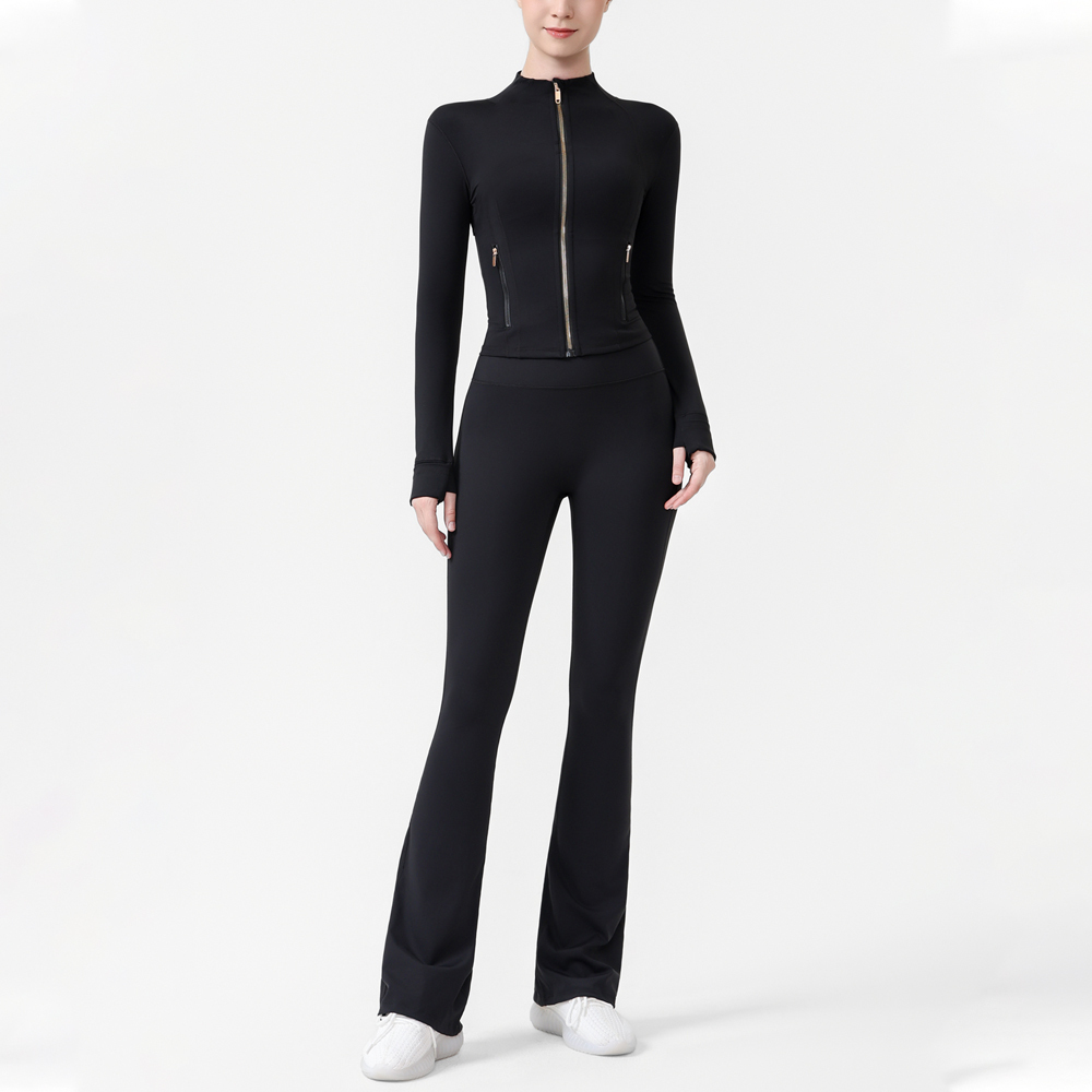 Gold-Black Crop Jacket+Flare Leggings