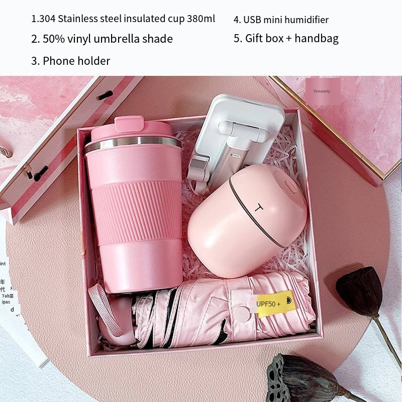 Thermos cup + humidifier + mobile holder + umbrella (pink)