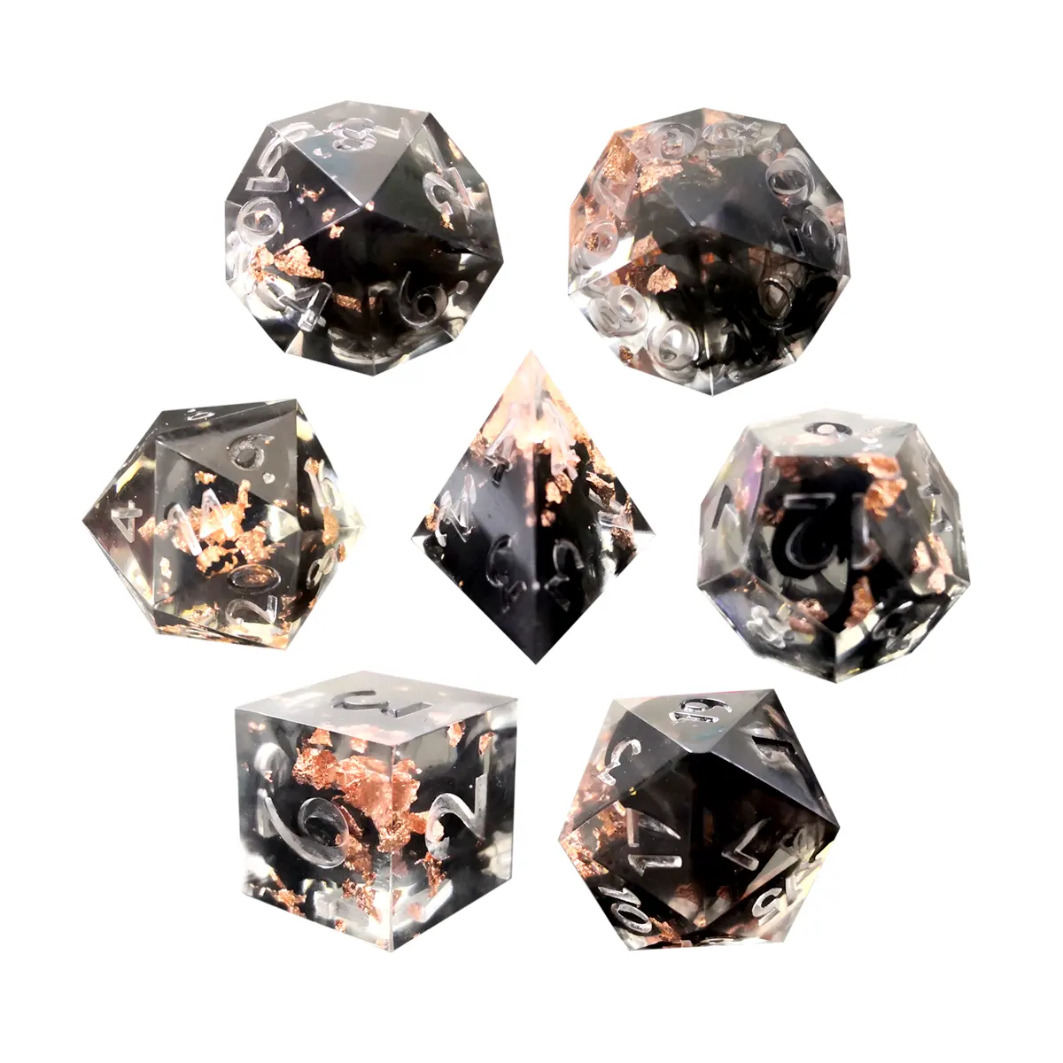 Set di dadi DND in resina affilata con fumo vorticoso nero trasparente poligono con colore oro scintillante per giochi da tavolo Dungeons and Dragons