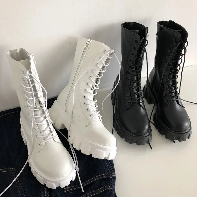 Botas femininas com cano médio, sapatos de outono e inverno com zíper, robusto, plataforma