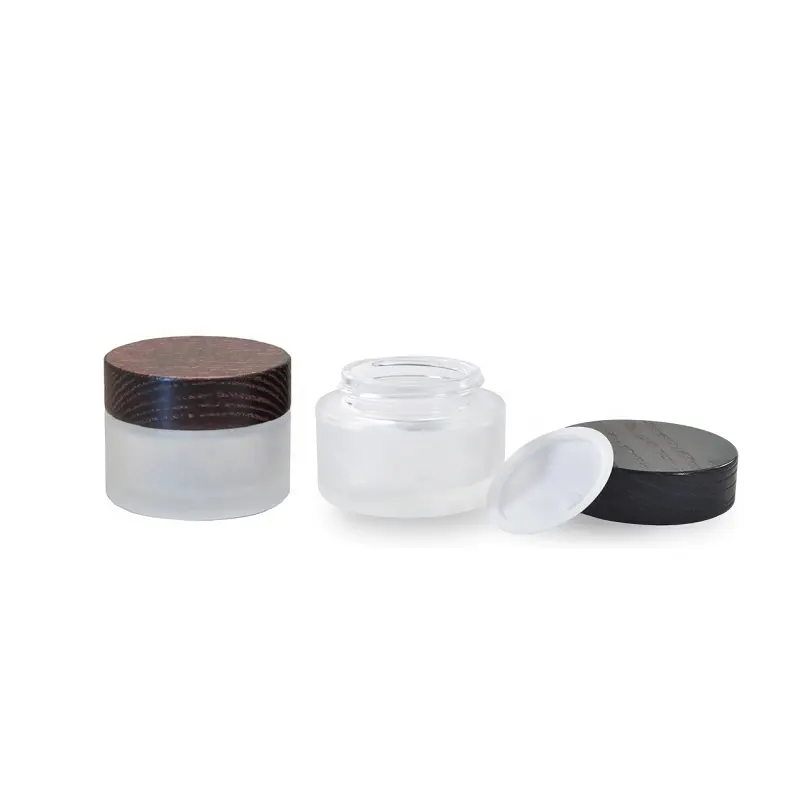 Conteneur d'emballage de cosmétiques de luxe, avec couvercle en bambou, en bois noir foncé, pot en verre transparent givré pour les yeux, crème froissée pour le visage et le corps