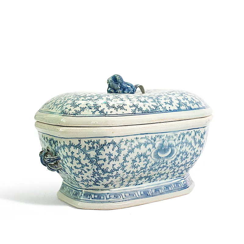 Azul clássico e branco Home decoração porcelana ornamentos chinês antigo azul e branco porcelana caixa decorativa com pa
