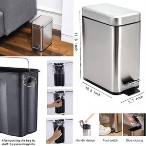 Cubo de basura de acero inoxidable rectangular Cubo de basura de 1,3 galones Cubo de basura de acero inoxidable 5L Cubo de basura de pedal pequeño y delgado - Product Image 2