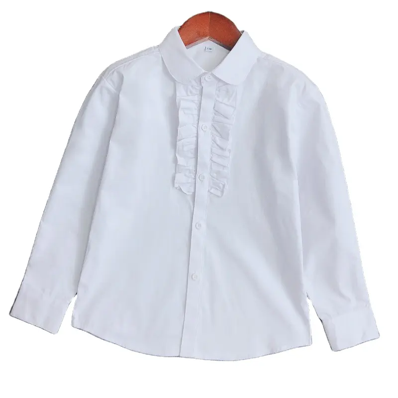 Blusa branca de manga longa com babado, camisas peter pan collar, uniformes escolares