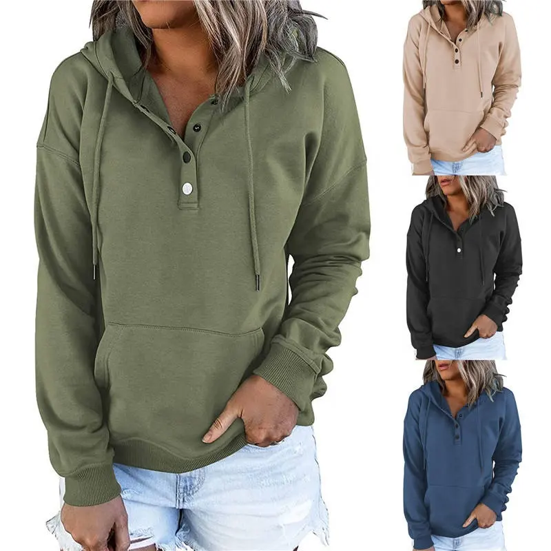 Benutzer definierte Logo Damen Pullover Loose Pullover Tasche Sweatshirts Kordel zug Pullover Langarm Button Up Bluse Tops Frauen Hoodie