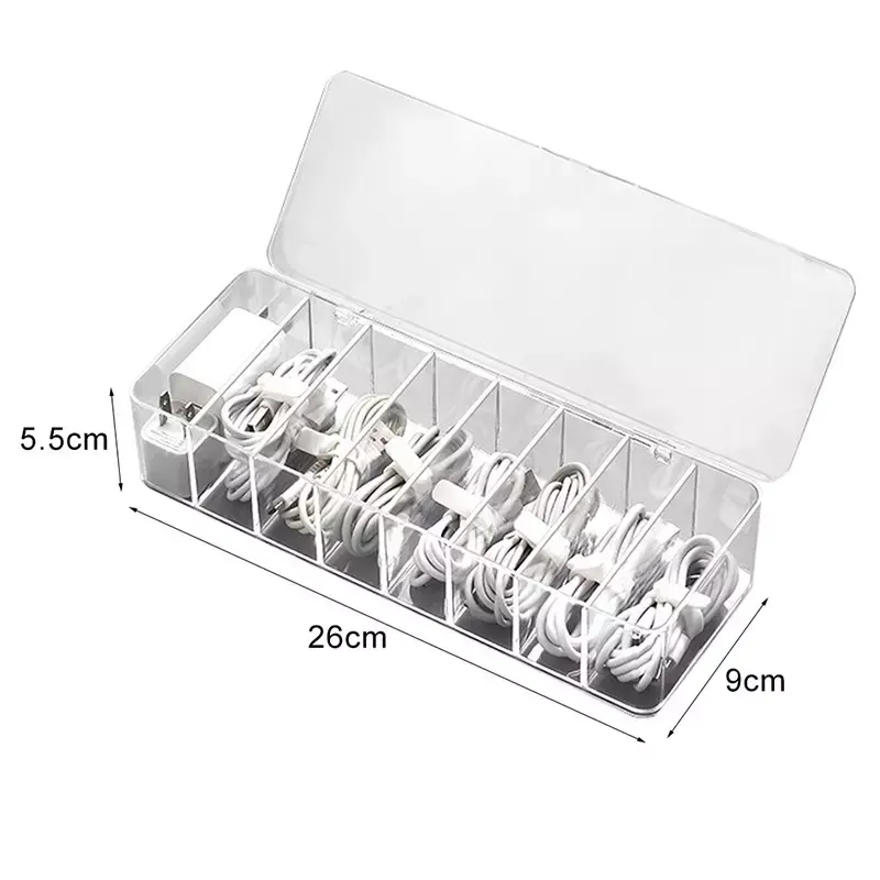 Cable Storage Box with Lid and 10 Wire Ties Clear Acrylic Cord Storage Organizer with 8 Compartments for Office Home