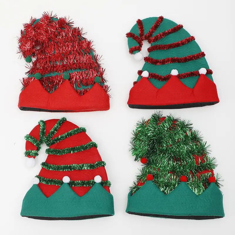 T2025 topi Natal Tahun Baru Natal perlengkapan pesta liburan meriah topi Elf Natal flanel LED menyala