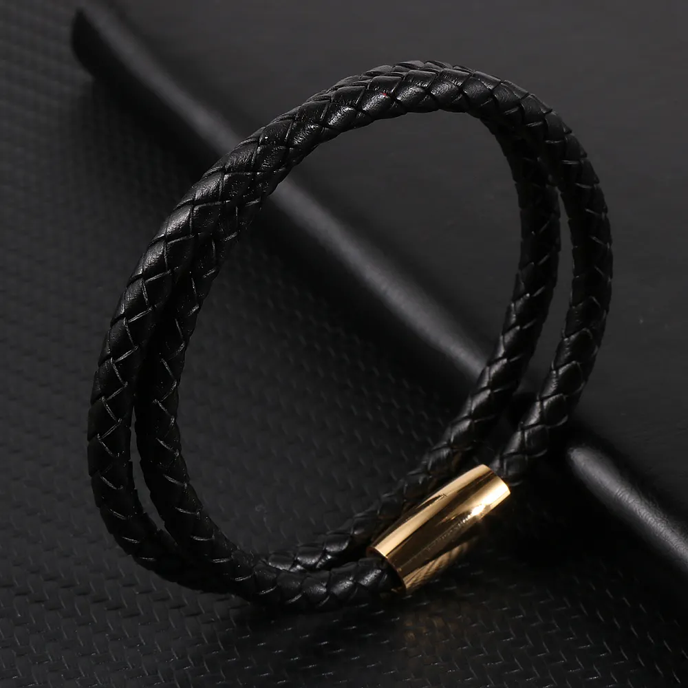 Braccialetti da uomo in vera pelle nera sottile da 5mm con cinturino intrecciato in acciaio inossidabile dorato argento di vendita caldo classico di lusso