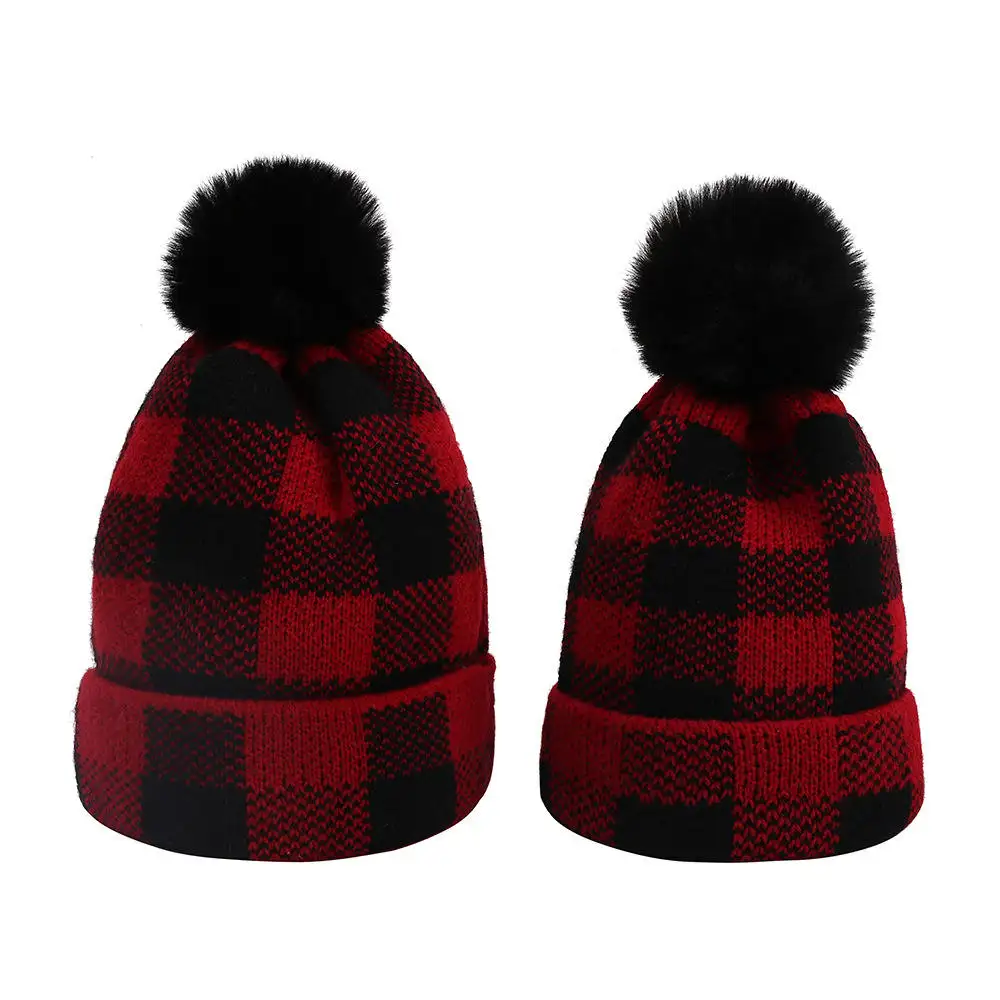 Natal Ibu & Bayi Putri/Anak Crochet Merajut Beanie Tebal Hangat Merajut Tengkorak Ski Topi Mommy dan Saya Buffalo Plaid Merajut Pom Topi