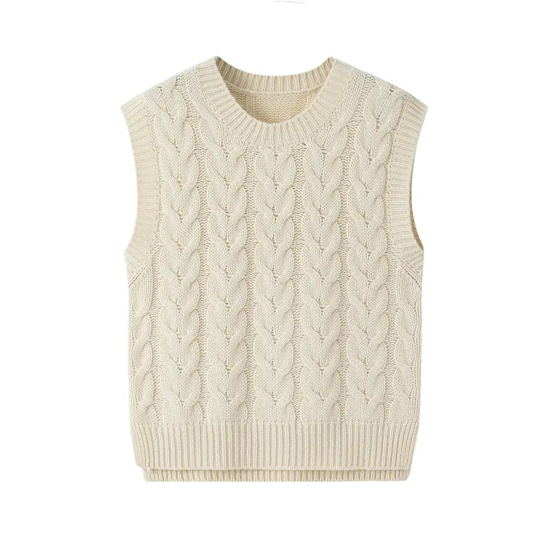 Oem/Odm Custom Cashmere Sweater Vest Winter Ladies Crew Neck Woolen Irregular Bottom Cable Knit Sleeveless Vest Sweater Women