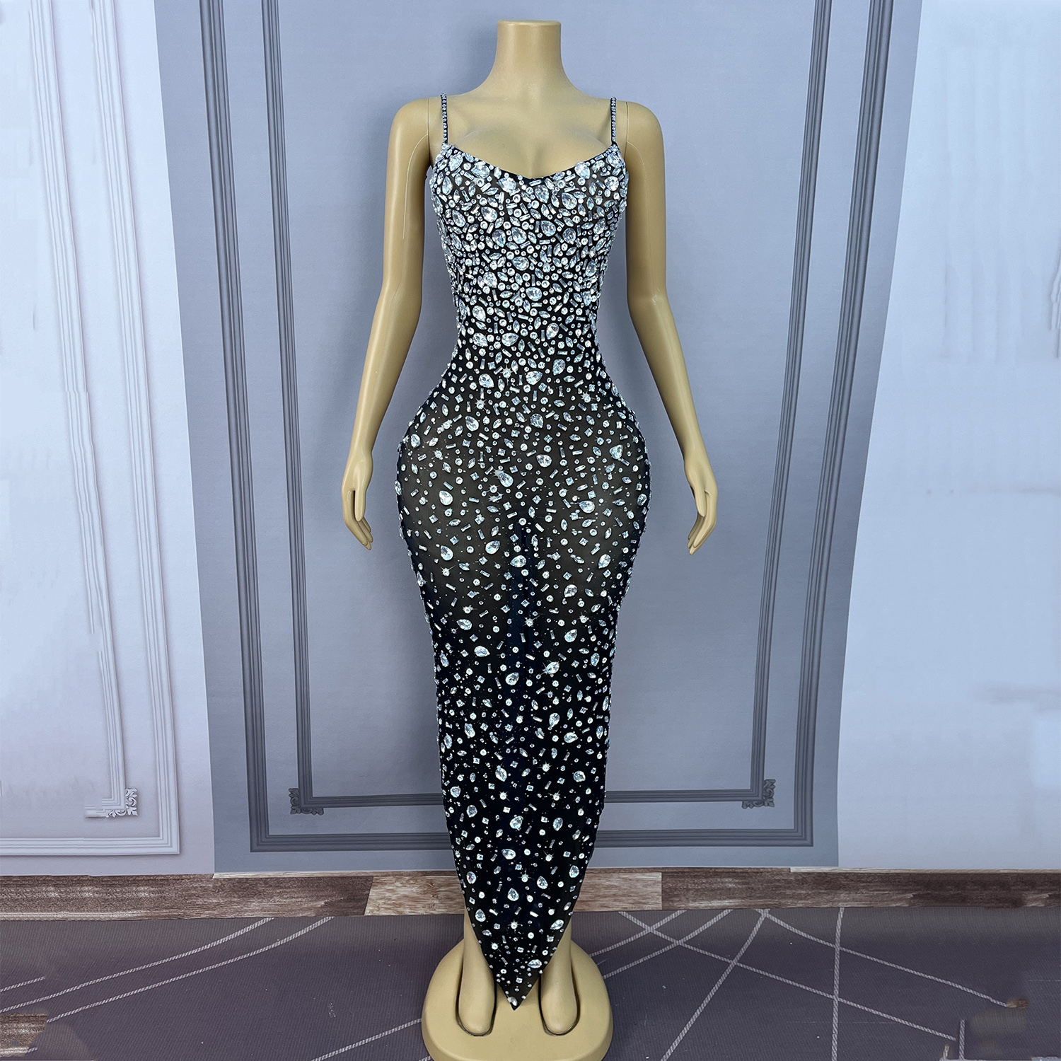 Black mesh with silver crystals