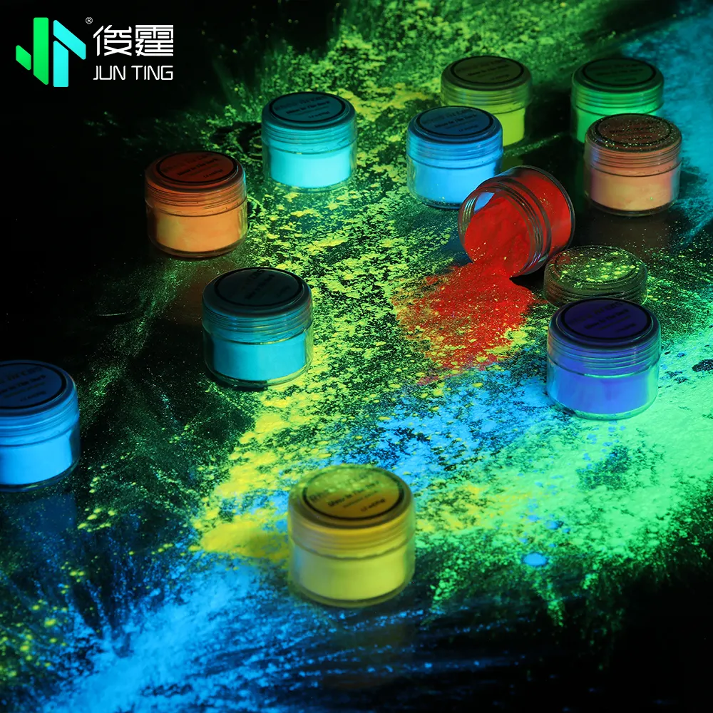 Junting Night Glowing Phosphor Powder Glow Dark Powder 4 colores pigmento fotoluminiscente para tinta y pintura