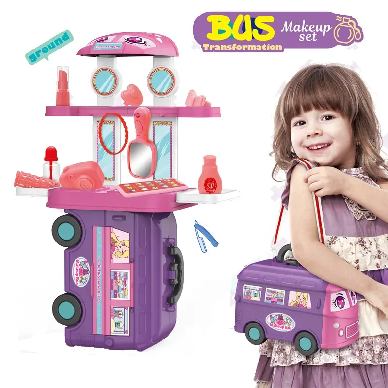 5 em 1 Moda outro Pretend Play Pré-escolar Móveis Beleza Set Toy Girl Make up Dresser Bus Brinquedos para Crianças
