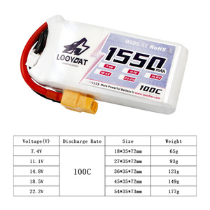 遥控脂肪电池11.1V 14.8V 22.2 V 1100毫安时1300毫安时1550毫安时1800毫安时100C 3S 6s锂脂肪可充电电池，用于FPV遥控四轴飞行器 - Product Image 4