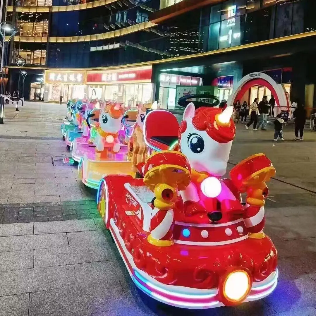 Pilha power praça compras passeio no comboio de diversões parque sightseeing trem unicórnio pequeno trem elétrico