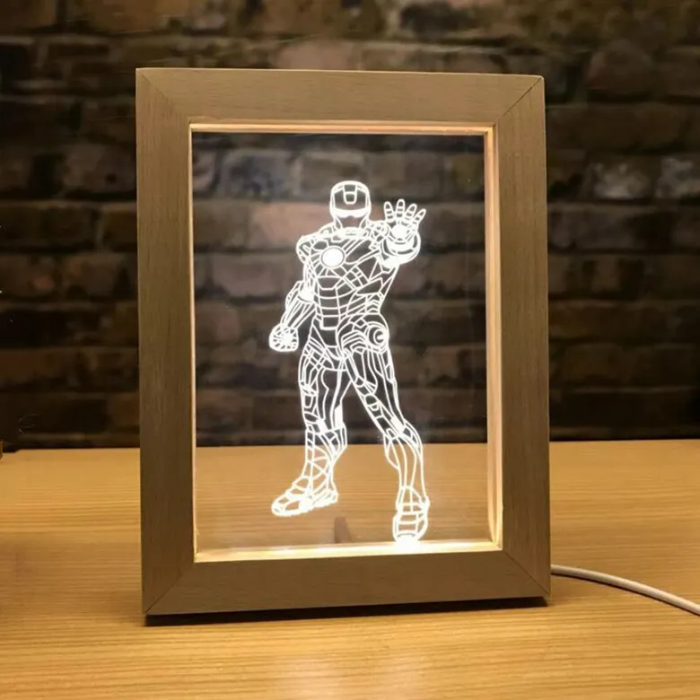 Moldura de madeira personalizada da foto, moldura de madeira do anime série do homem de ferro minions 3d acrílico luz noturna de led