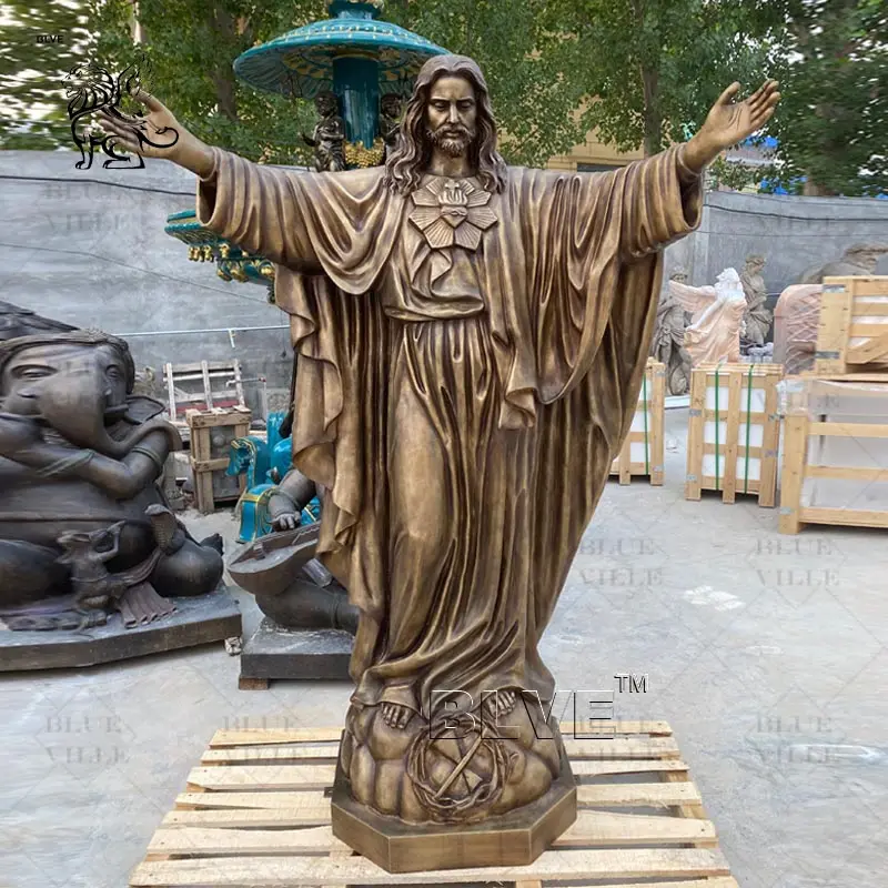 BLVE Iglesia al aire libre Tamaño real Fundición Metal Cristo Religioso Latón Estatua Jesús Bronce Escultura con brazos abiertos