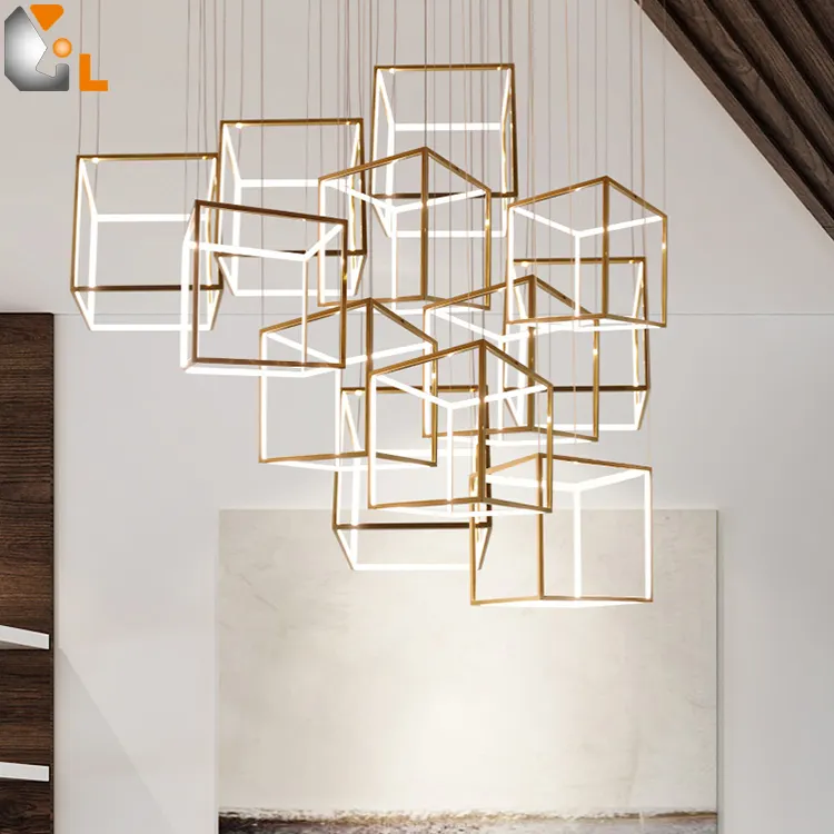 Poste de lámpara personalizable, luz de acero cuadrada geométrica moderna, candelabros de oro modernos, luces colgantes para lámpara colgante de techo alto