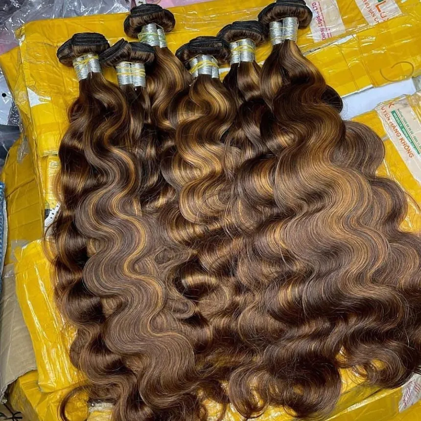 P4/27 Blonde mel destaque cor cabelo humano liso pacotes 10A pacotes de cabelo brasileiro ombre com frontal