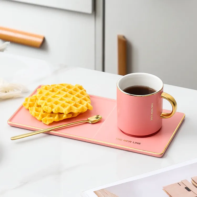 الوردي مخصص الذهبي حافة أنيقة مستطيل الصحن كوب حليب السيراميك قابلة لإعادة الاستخدام اسبريسو أكواب شاي فنجان القهوة