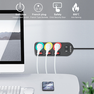 French Type <strong>3</strong> Way <strong>and</strong> <strong>2</strong> USB with Individual Switch <strong>Socket</strong> Power Strip - Product Image 5