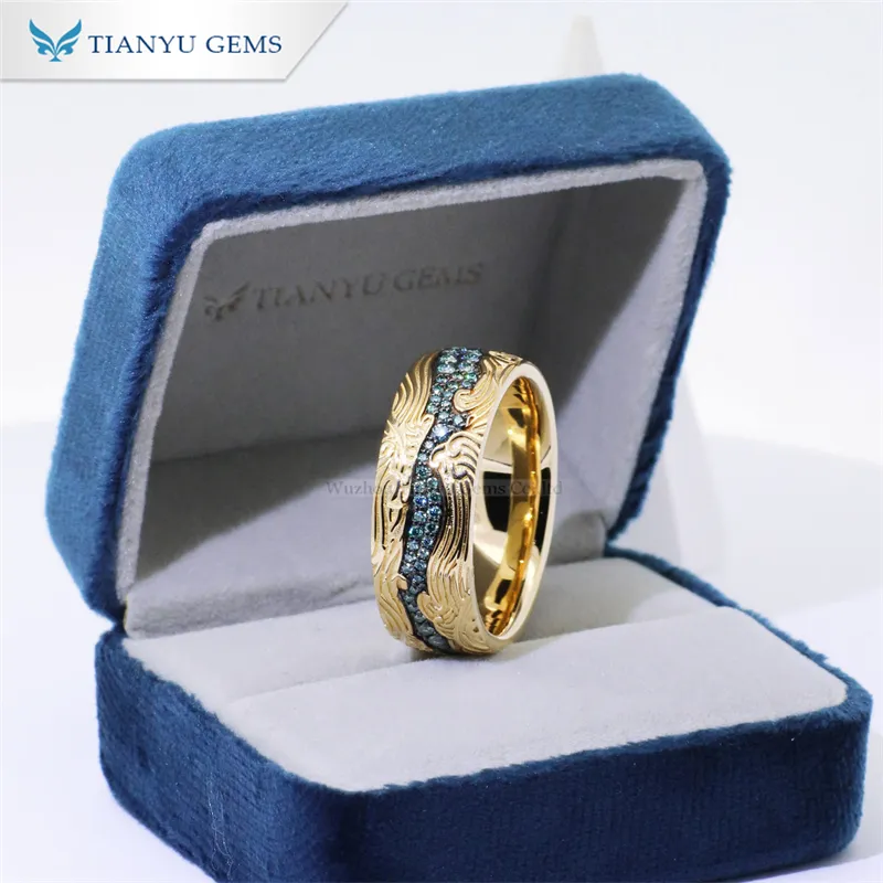 Tianyu lujo plata 925 10K 14K oro amarillo puro hombres boda banda Color verde redondo VVS Moissanite diamante anillo joyería fina