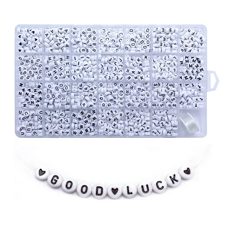 1400 Pièces 4x7mm Blanc Rond Acrylique Alphabet Lettre Perles A-Z Coeur Motif Perles et Cristal Ligne pour la Fabrication de Bijoux