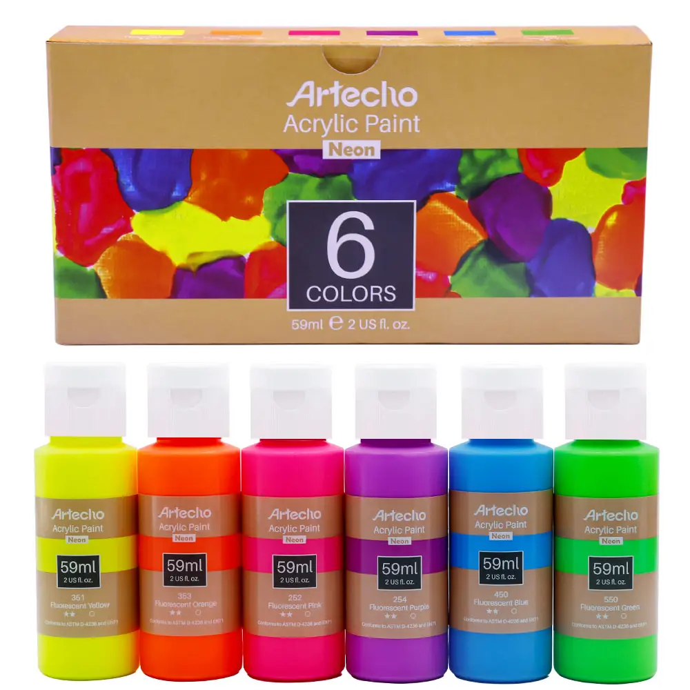 ชุดสีอะคริลิค Artecho 6สีนีออน,สีสดใส2ออนซ์/59มล. สำหรับงานจิตรกรรมศิลปะ