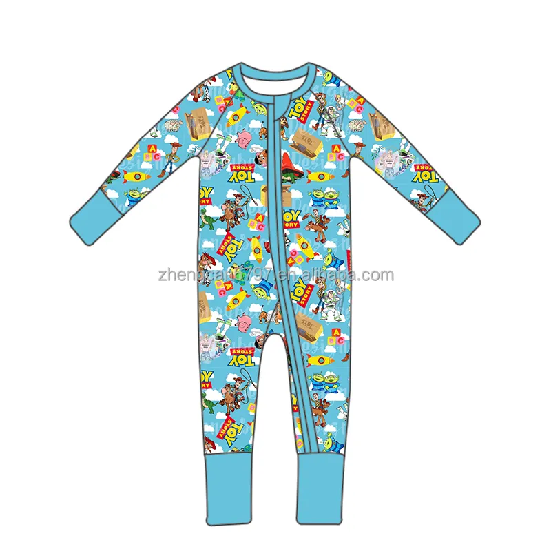 Mono de fibra de bambú personalizado para niños, pijama con cremallera de dibujos animados, patrón de nubes, mono de manga larga para niña