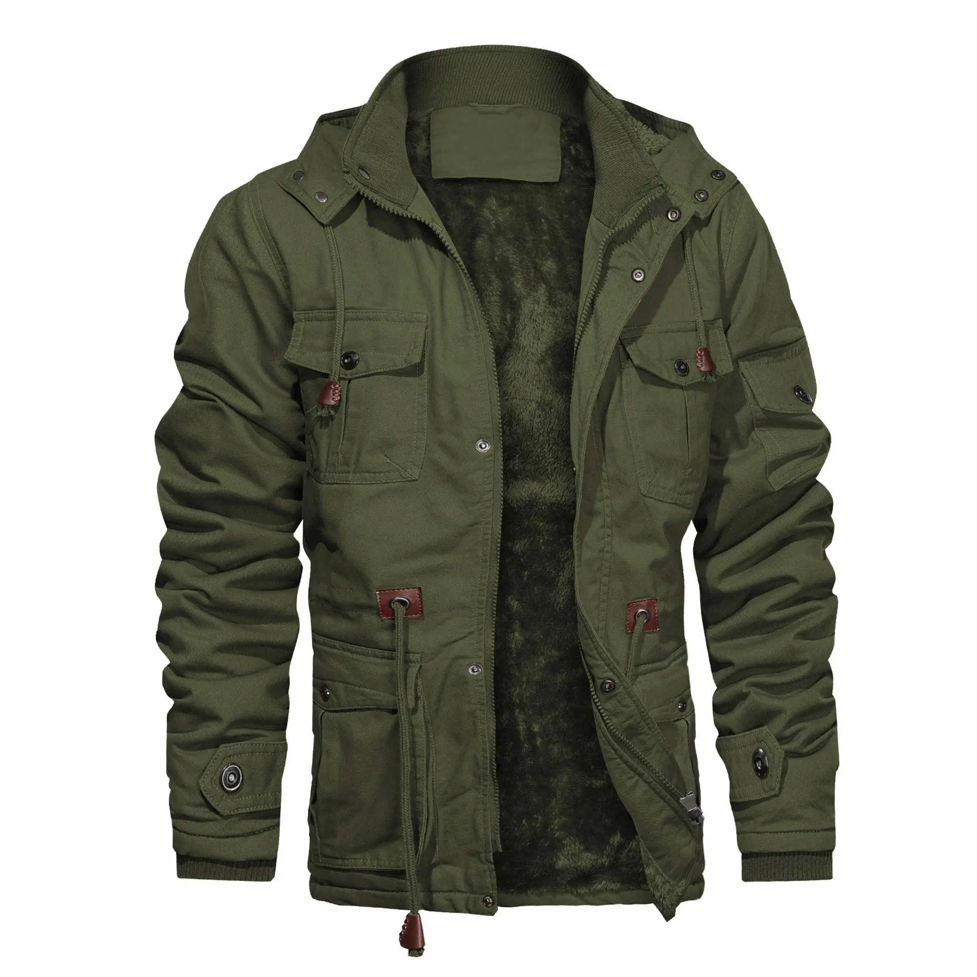 남자 스탠드 칼라 겨울 양털 작업화물 사냥 전술 캠핑 방풍 하이킹 아웃웨어 군사 녹색 캔버스 재킷