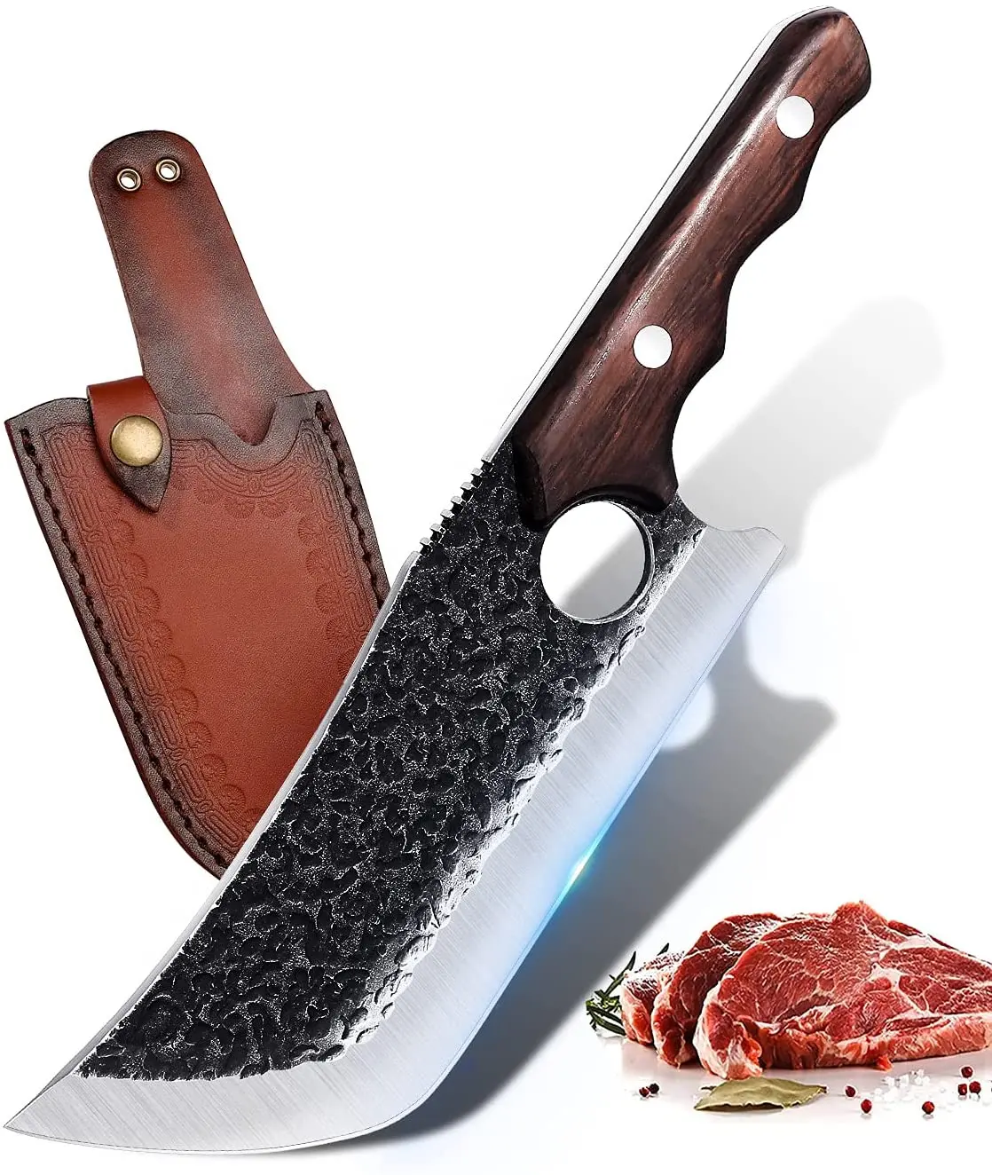 肉を切るための手鍛造肉クリーバーナイフバイキングナイフベルトシースとギフトボックス付きフルタンシェフナイフ