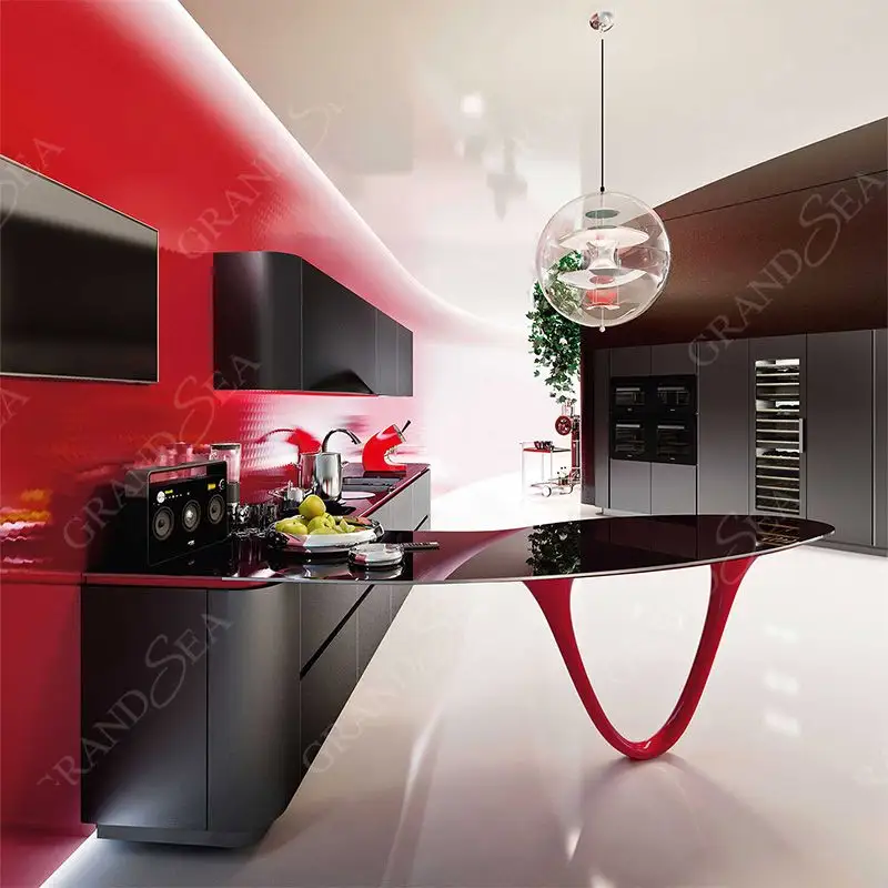 Mới nhất nhà bếp thiết kế trong 2024 màu đen và màu đỏ tủ bếp L hình withe Wine Bar tủ bếp Sản xuất tại Trung Quốc