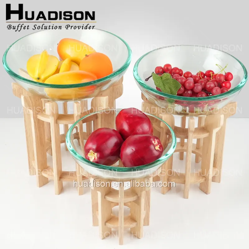 Huadison hotel supplies oak fruit cakes display stand wood 3 tier catering stand for food display