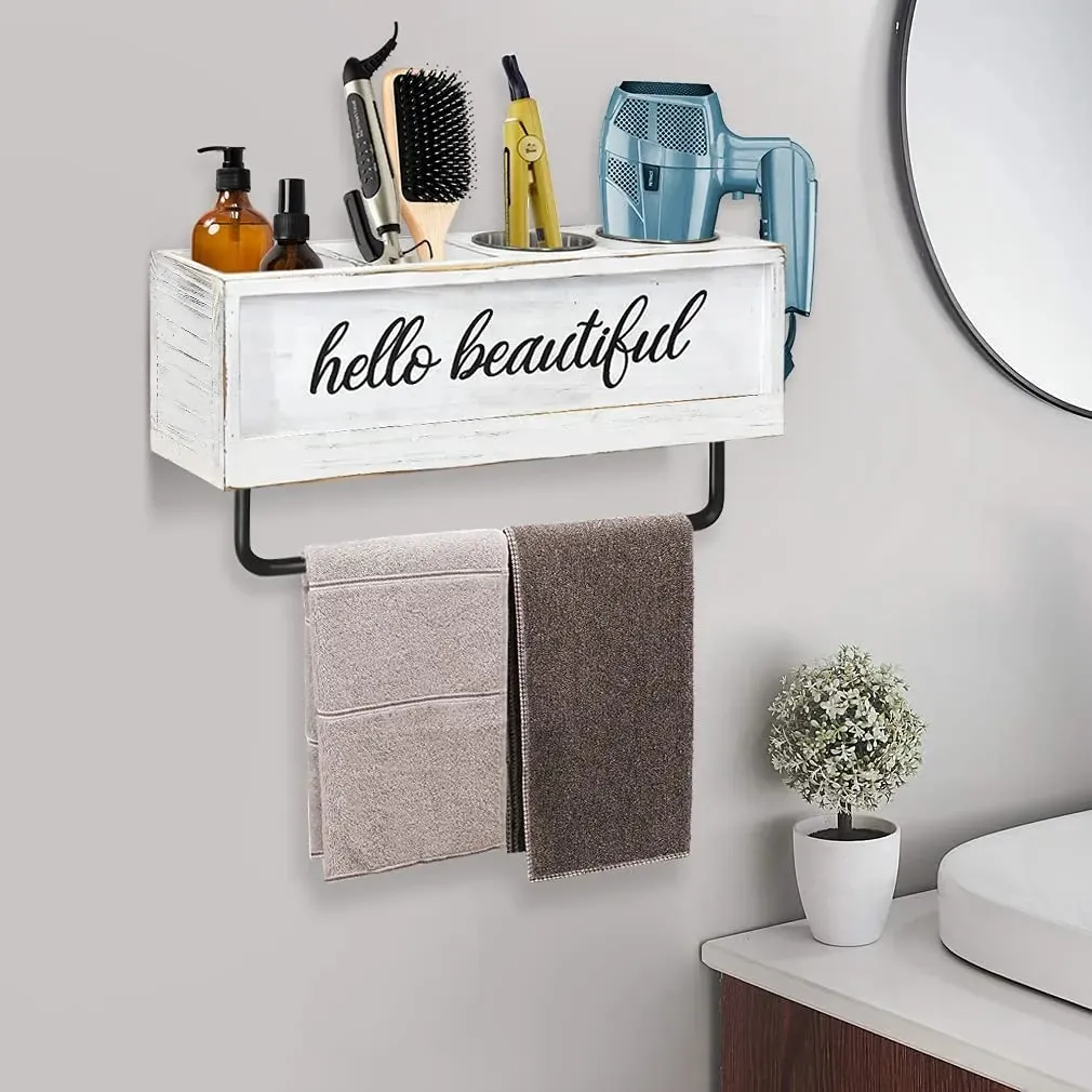 Wall Mounted Wooden Hair Dryer Holder Hair Tool Organizer Towel Bar Beauty Appliance Iron Curling Towel Rack