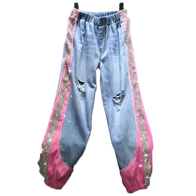 Pantaloni da jogging larghi da donna Casual street wear con strass Jeans elasticizzati in vita pantaloni in Denim misto