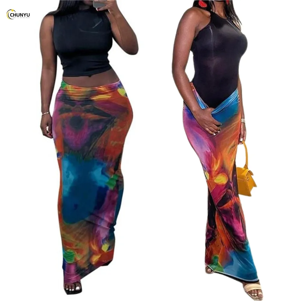 2024 verano Casual color pintado estampado largo bodycon lápiz cadera faldas para mujeres