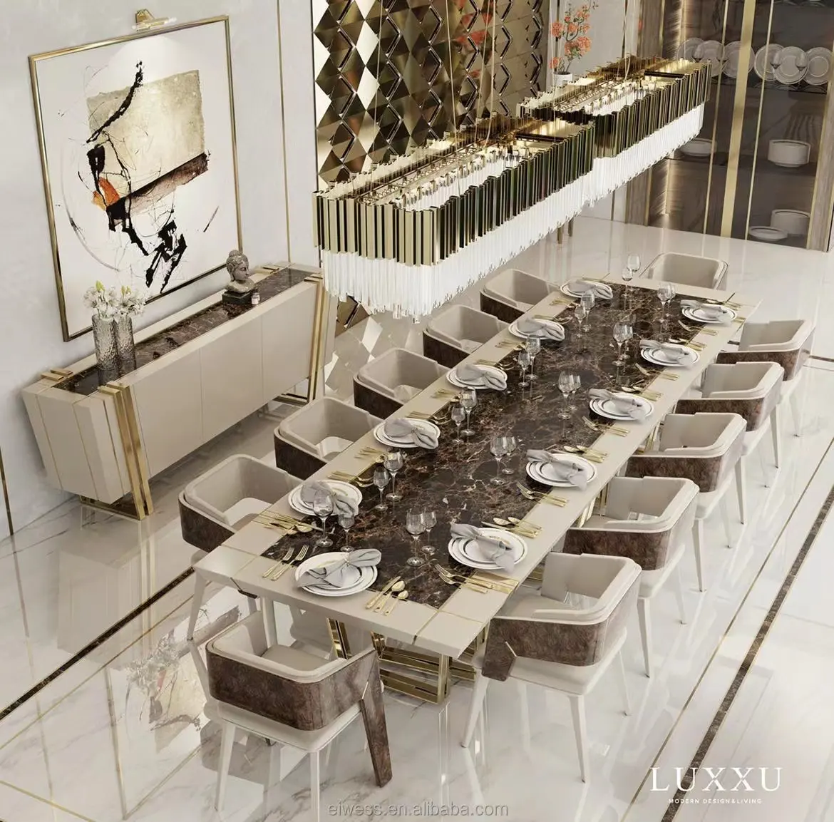 Nuovo tavolo da pranzo di lusso in marmo doppio colore di fascia alta villa ristorante 12 posti tavolo set sedia da pranzo in pelle console in marmo