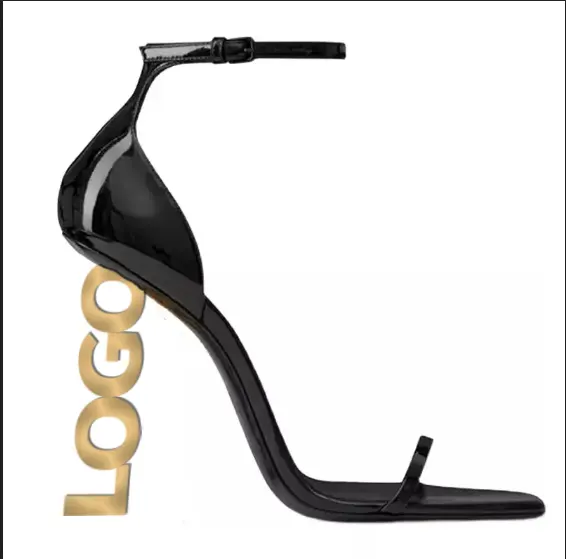 Sandalias de tacón alto únicas para mujer con logotipo personalizado y punta cuadrada de 10cm para mujer, fabricación personalizada con tacón extraño de metal