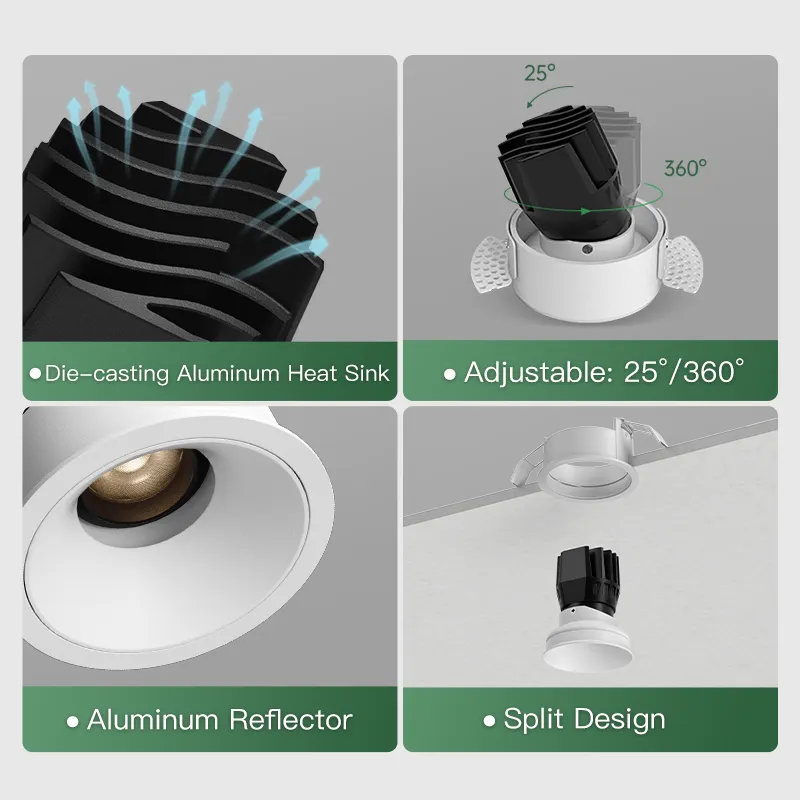 XRZLux ETL LED COB Downlight 10W Projecteur de plafond LED en aluminium intégré Downlight encastré LED rond pour l'éclairage de la maison et de l'hôtel