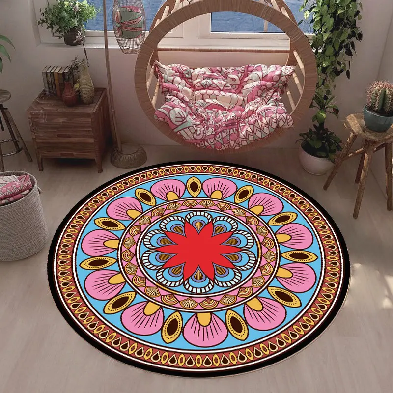 Étnica Retro Mandala Tapete Redondo Nordic Varanda Sala Quarto Cabeceira