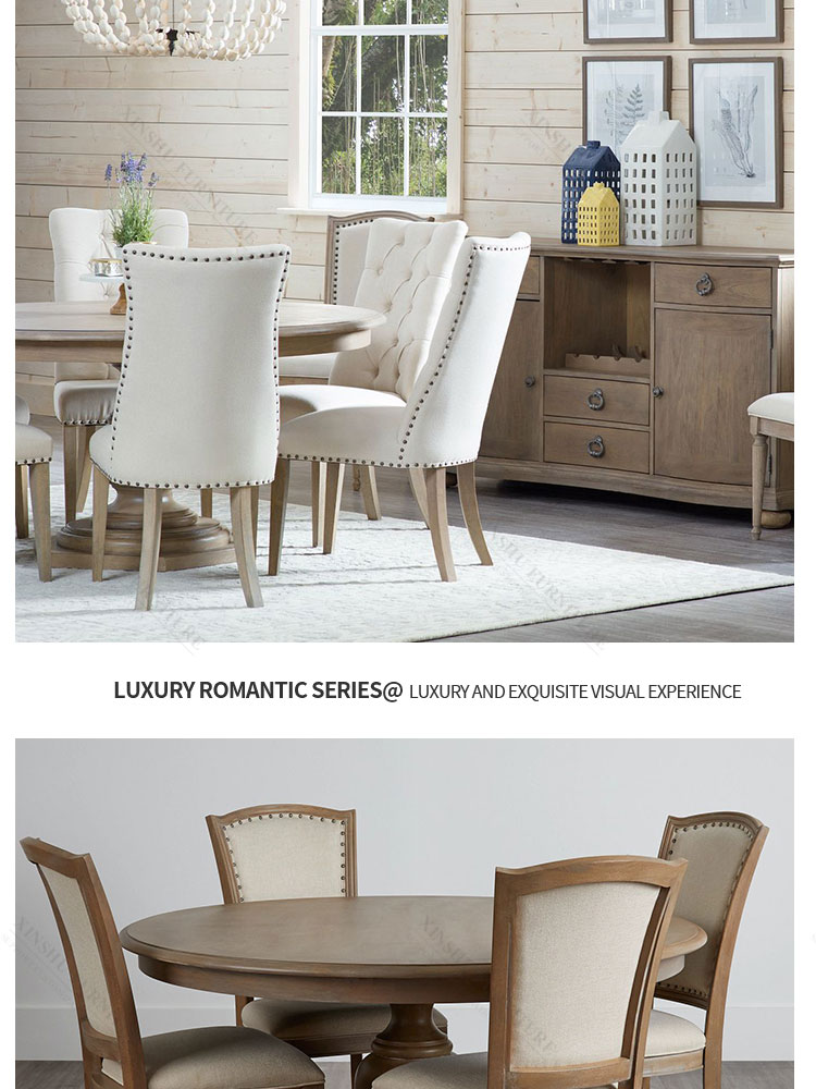 New French style oak Nordic antique style 6-seat solid wood round table with rotating center