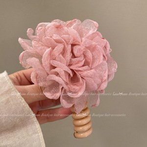 Caro organza vintage elegante grande flor rosa cabelo amarrado fio de telefone laço de cabelo alta elasticidade corda de cabeça faixa de couro feminino