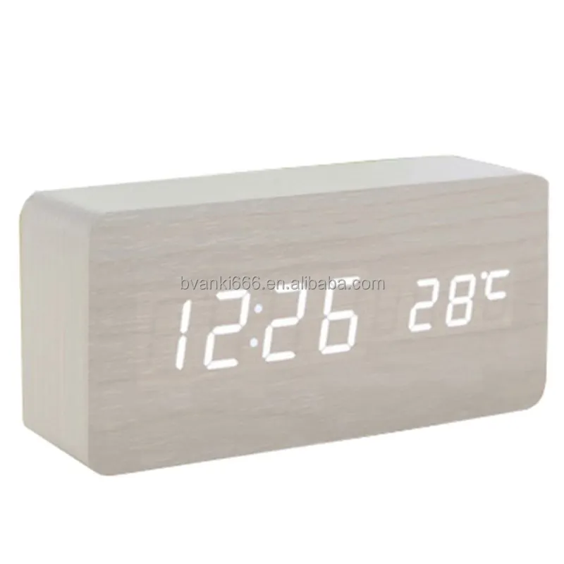 Reloj despertador de madera para decoración de pared, relojes de mesa con 3 niveles de brillo, luz nocturna, con termómetro y proyector de Radio