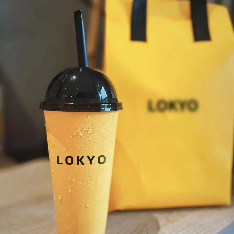 LOKYO Moda logotipo personalizado pp injuection copos amarelos descartáveis plásticos smoothie boba bolha chá copos
