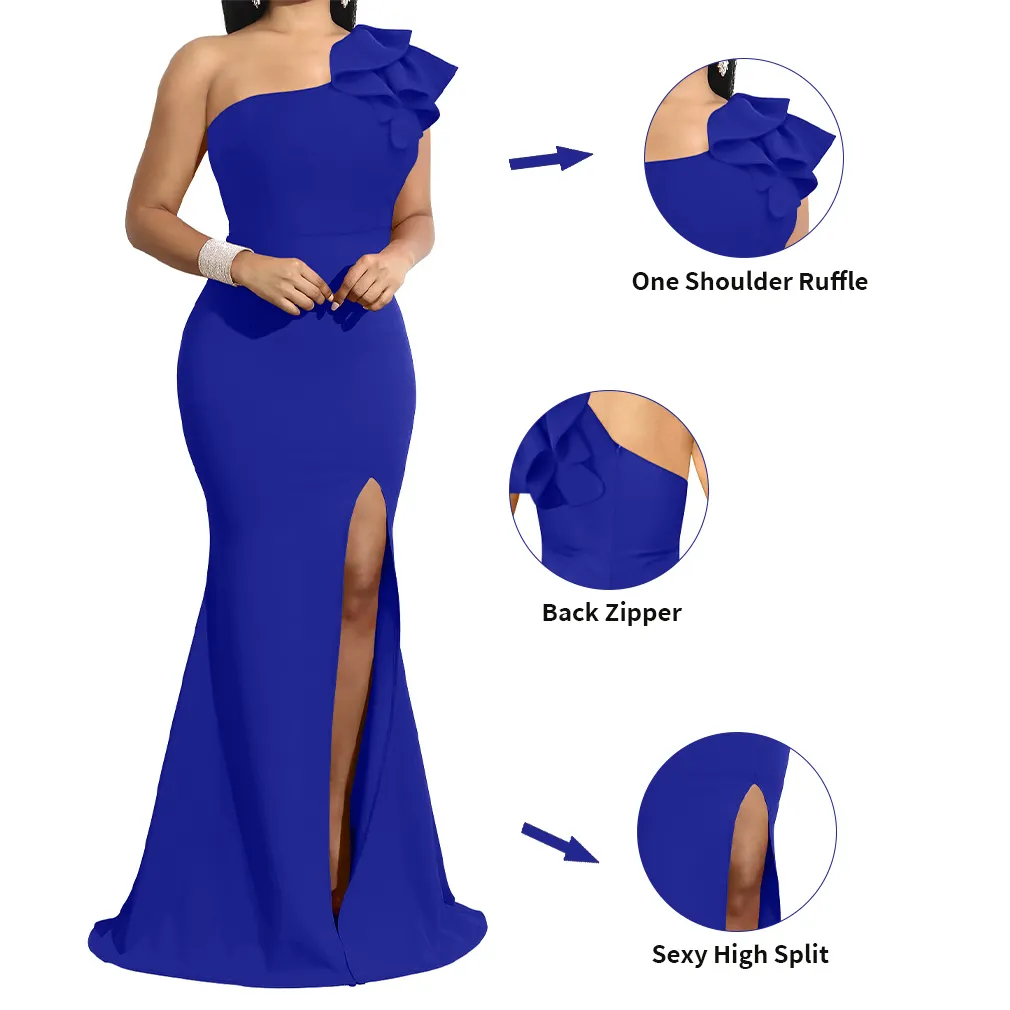 Últimas fenda design elegante vestido um ombro bodycon babados vestidos vestido de noite chique