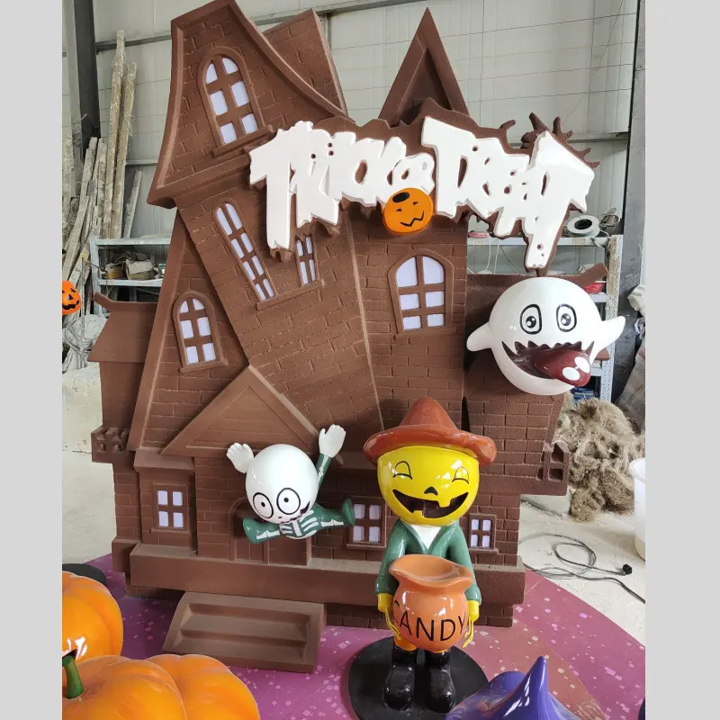 Halloween Decorations 3D Fiberglass Pumpkin And House Statues Outdoor Large Sculpture