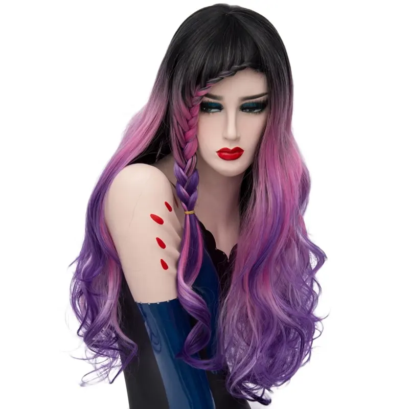 Vente en gros Perruque Anime 70cm Long Bouclés Noir Rose Violet Mixte Synthétique Halloween Cosplay Perruque Lolita Mode Cheveux
