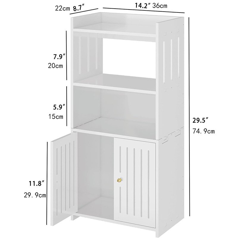 Mueble de suelo a rayas verticales con cuatro estantes.